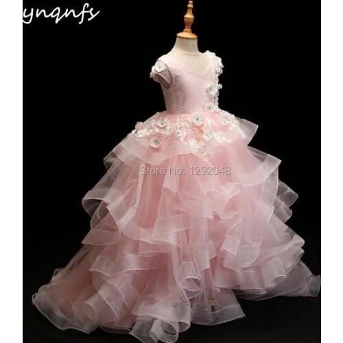 YNQNFS G1 Princess Pink Flower Girl Dresses Ruffles Puffy Ball Gown Party Evening Pageant Birthday Dress First Communion Dresses