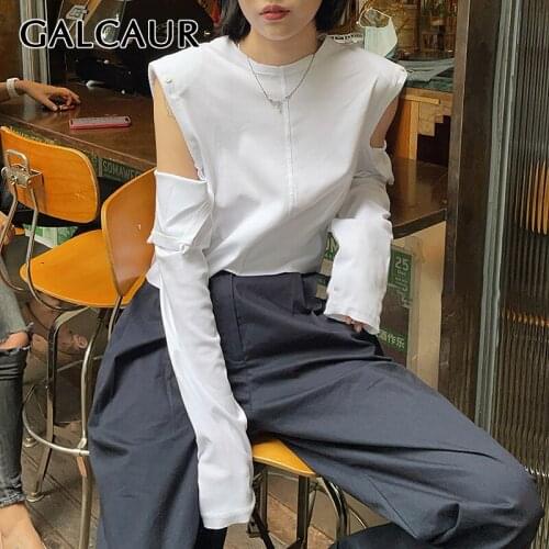 GALCAUR Cut Out White T Shirt For Women Round Collar Long Sleeve Designer Minimalist Solid T Shirts Female Korean Fashion Summer