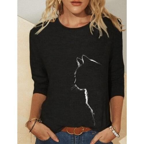 2021 Autumn New Long Sleeve Ladies T-shirts Loose Solid Blue Black Patchwork Cats Print Casual Large Size Women Fashion T-shirts