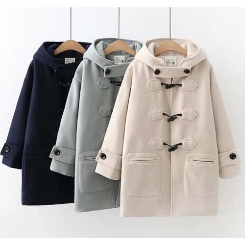 Women Cow Horn Buckles Coats Autumn Winter Long Woolen coat Hooded Student Overcoat Plus cotton Warm Woolen coat Casaco Feminino