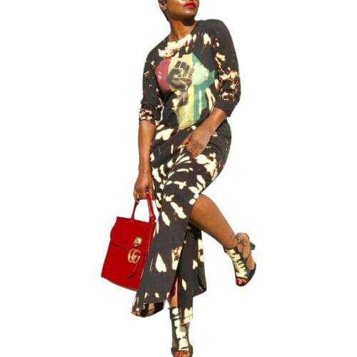 Hot style European and American sexy round neck print long-sleeve split dress nightclub dress