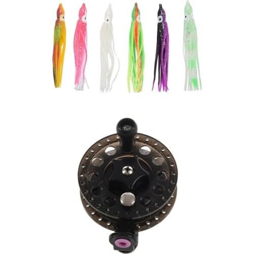 1X Ice Fishing Reels Fly Fishing Tackle Round Wheel & 6Pcs 10Cm Octopus Soft Lure Luminous Squid Hooks Fishing Lures