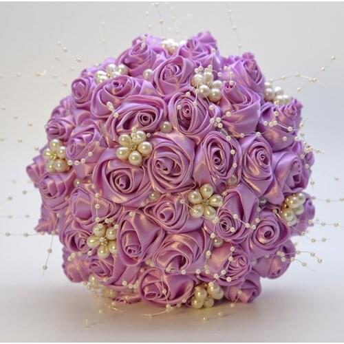 1pc/lot purple Wedding Bouquet Gold Diamond Silver Diamond Pearl Decoration Bridal Wedding Bouquet Artificial Ribbon Rose