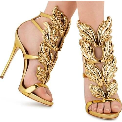 Bling bling crystal embellished high heel sandal women sexy open toe metallic leaf gladiator sandal cutouts woman summer shoes