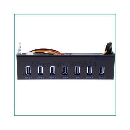 By dhl or ems 20pcs 7 Ports USB3.0 Hub 5Gbs 5.25" CD-ROM Drive Bay Front Panel for Computer Case+19pin to Type-A Male Cable