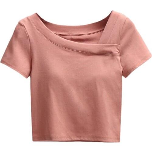 Short-sleeved t-shirt womens summer black v-neck slim fit with chest pad sexy cotton irregular design sense oblique shoulder cr