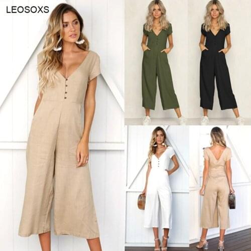 Jumpsuit Female 2021 Fashion V-neck Button Open Back Short Sleeve Jumpsuit For Women Vacation Casual Beach Rompers