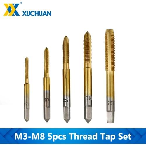 Thread Tap Set 5pcs TiN Coated Metric Screw Thread Tap Drill M3-M8 Straight Flute Screw Tap For Metalworking Hand Tools