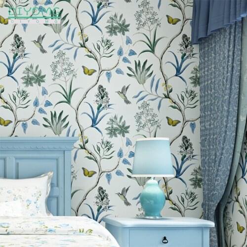 Flower Floral Not self-adhesive Wall Stickers American Retro Non-woven Wallpaper for Bedroom Contact Paper Wallcovering Mural