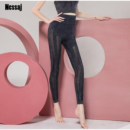 Nessaj New Women Stripe Mesh Fitness Leggings Stretchy Solid Color Leggings Seamless High Waisted Workout Sports Capris Pants