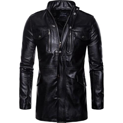 New Autumn Motorcycle Leather Jacket Men Long Windbreaker Coat High quality PU Leather Jacket Male Multi-Pocket Leather Jacket