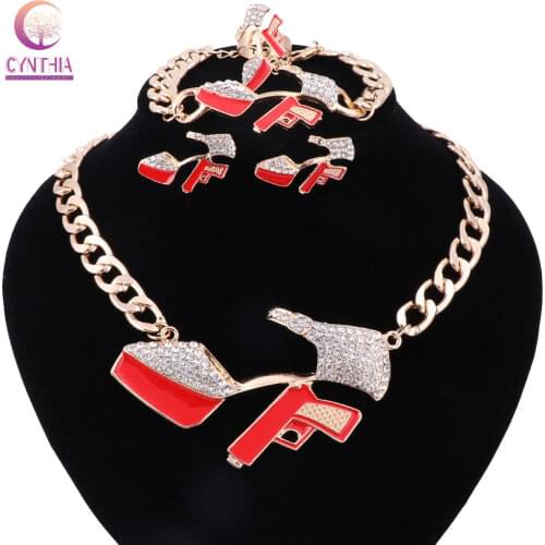 High-heeled Shoes 2017 Hip Hop Golden Statement Red Enamel Crystal Pistol Pendant Party Gift Necklace Bracelet Earring Ring