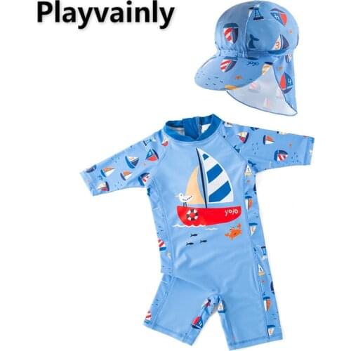 Wholesale Baby Boys Swimming Wear Blue Sailing Caroon One Piece Swimsuits with Hat Children Fashion Swimwear E71532