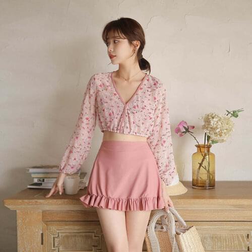 2021 Popular Sexy Solid Color Beach Bikinis Floral Push Up Swimsuit Womens 3set Swimwear Korea Style Skirted Bathsuit Female