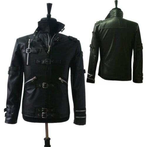 Rare MJ Michael Jackson Punk Heavy Matel BAD Black Leather Stage Handmade Imitation Show Ultimate Collection Cool Jacket Outwear