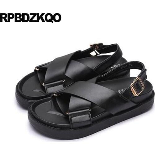 Comfortable black slingback roman ladies women sandals flat summer 2019 platform wide fit designer shoes runway soft open toe