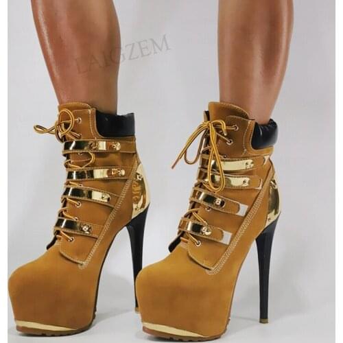 SEIIHEM SUPER Women Ankle Platform Boots Stiletto High Heels Short Booties Patchwork Ladies Shoes Woman Large Size 40 42 45 52