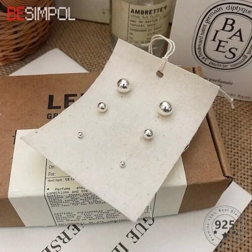 Besimpol Real 925 Sterling Silver Ball Earrings 3-8mm Zircon Round Beads Stud Earrings For Women Anti Allergy Fine Jewelry