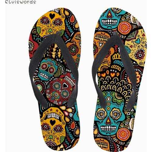ELVISWORDS Colored Gothic Skull Printed Sugar Skull Slip-on Flip Flops for Ladies Girls Casual Summer Womens Slippers Newest