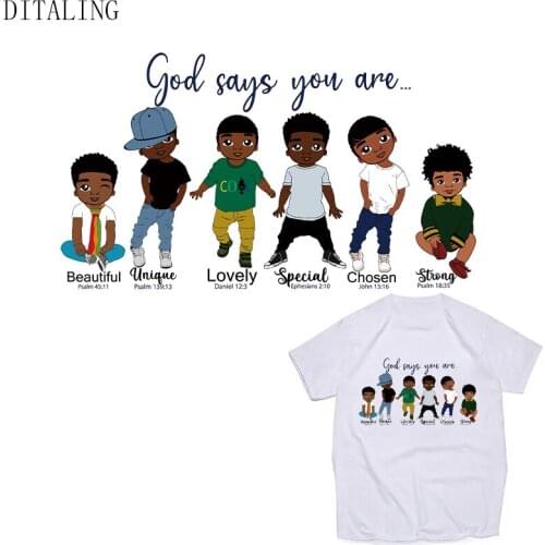 Afro Boy Thermal Sticker On Clothing God Says You Are Unique Patch DIY Washable T-Shirt Appliqued Black Kids Heat Transfer Patch