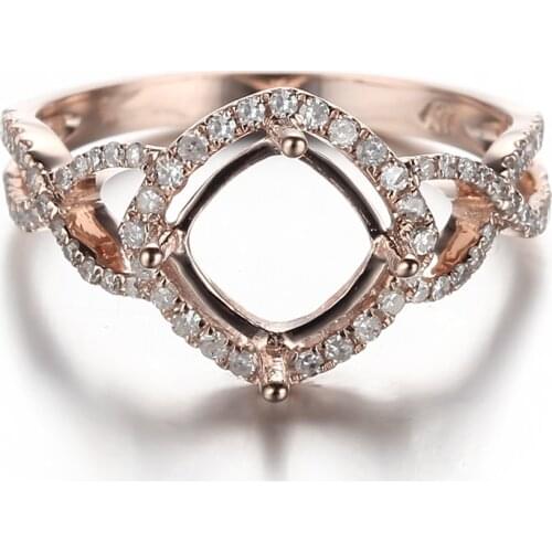 HELON Solid 14K Rose Gold Pave Natural Diamonds Semi Mount Engagement Wedding Rings Setting Fit 7mm Cushion Or 7-9mm Round