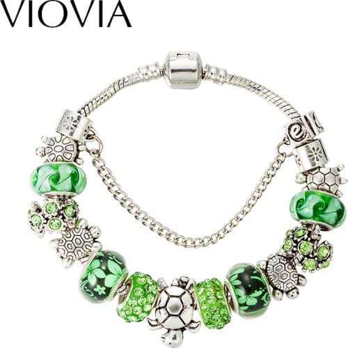 VIOVIA 2019 Sea turtles Charm Bracelets for women & Girls Fashion Green Crystal Beads Fit Bracelets & Bangles Diy Jewelry B16040