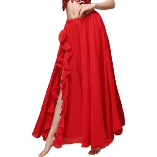 2019 New Performance Belly Dance Clothing Long Maxi Skirts Side Slit Bellydance Skirt Sheer Chiffon with Ruffles