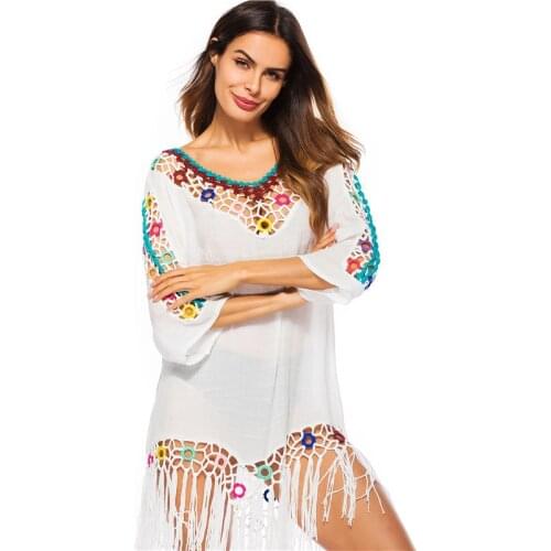 ZAFILLE Pareo Womens Beach Cover Up Swimsuit Crochet Dress Hollow Out Beach Dress Swimwear Women Tassel Bikini Swimsuit Tunic