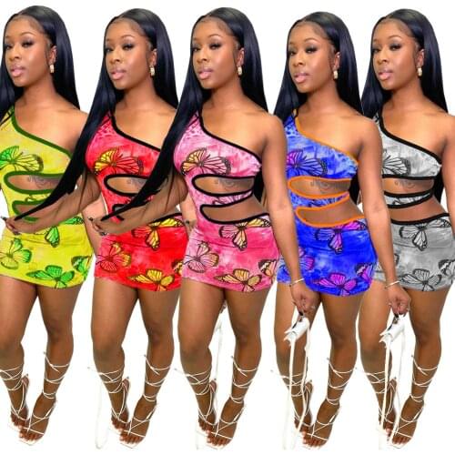 Womens clothing New one-shoulder Sexy butterfly Print Hollow Dress