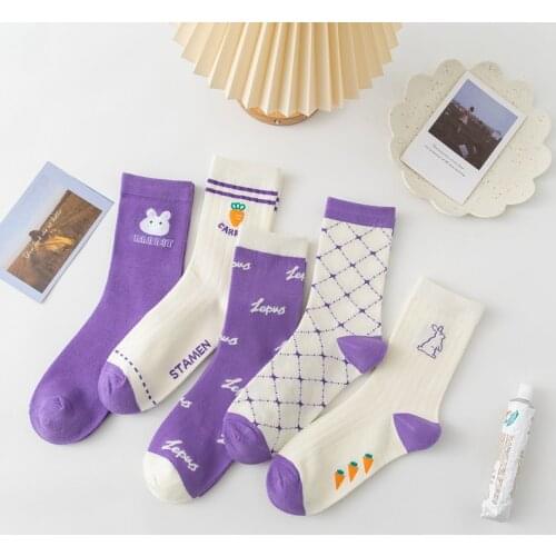 Kawaii Socks Purple Cartoon Rabbit Women Socks Cotton Japanese Fashion Letter Cute Sweet Carrot Harajuku Girl Sports Long Socks