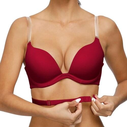 Vgplay 3/4 Cup Red Bra Plus Size Solid Push Up Plunge Lingerie Transparent Silicone Straps Underwear Deep V Brassiere