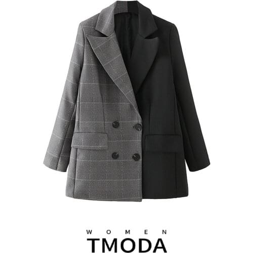 TMODA386 Women 2020 Fashion Double Breasted Patchwork Blazer Coat Vintage Long Sleeve Pockets Female Outerwear Chic Tops