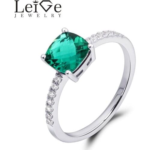 Leige Jewelry Cushion Cut Emerald Ring Green Sterling Silver Wedding Promise Rings for Women May Birthstone Prong Setting
