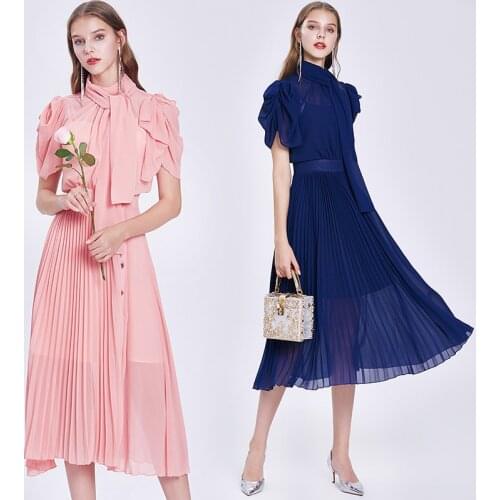 New Womens Heavy Industry Beaded Summer Press Plait Lady Stand Collar Short-Sleeve Pleated Chiffon Dress