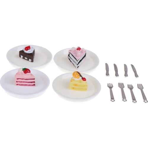 4Pcs 1/12 1/6 Dollhouse Miniature Cakes Plate Knife Fork Dolls House Accessories Simulation Kitchen Toys