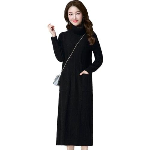 Long Knitted Dresses Woman High Neck Pullover Sweater Plus Velvet Thick Sweater Women NEW Winter Loose Bottoming Sweaters Dress