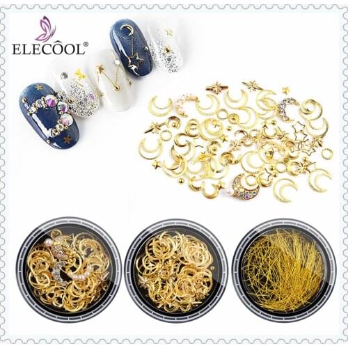 ELECOOL Nail Art Gold Decorations Copper Rivet Star Moon Design Metal Nail Studs Rhinestones Crystal Nail Stone Accessoires