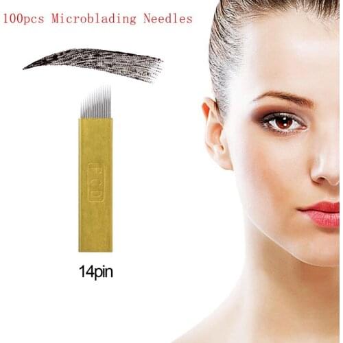Tattoo Needles 100pcs Hard Pcd 14P Needles Microblading Needles Permanent Makeup Blades Manual Eyebrow Tattoo Curved Blade