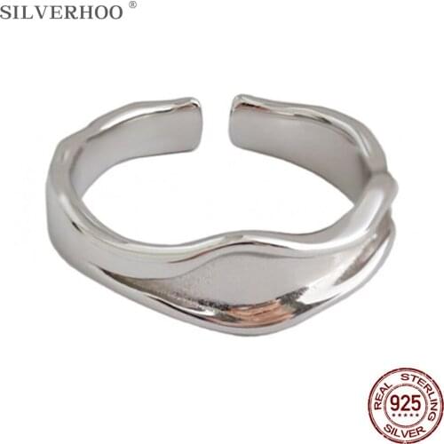 SILVERHOO Genuine S925 Sterling Silver Ring For Women Korean Style Student Finger Rings Simple Adjustable Irregularity Jewelry