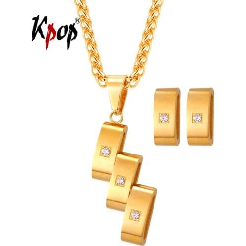 Kpop Austrian Rhinestone Pendant Necklace Earrings Gold Color Hollow Bun Shape Fashion Jewelry Set For Women GPE285