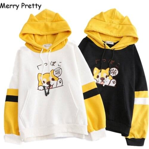 Merry Pretty Women Cartoon Dog Embroidery Harajuku Hoodies Sweatshirts 2020 Winter Patchwork Hooded Plus Velvet Pullovers