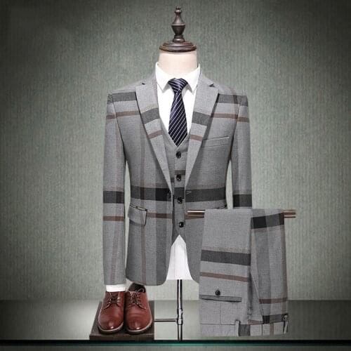 Fashion Plaid 3 Piece Business Mens Suits Wedding Groom Slim Fit Casual Tuxedos Formal Wedding Suits For Men (Jacket+Pants+Vest)
