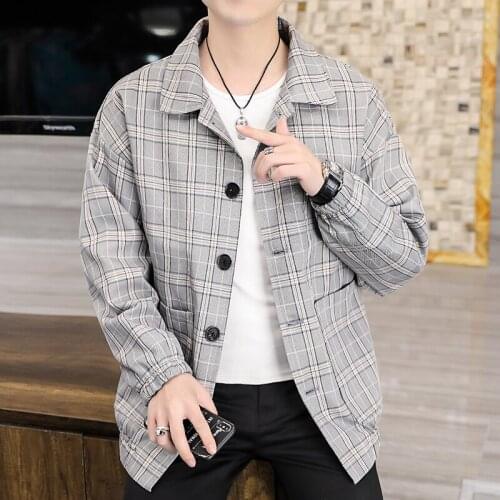 M-3XL Mens Coat 2021 Spring and Autumn New Long-sleeved Loose Coat Fashion Trend Plaid Blazer Youth Plaid Jacket