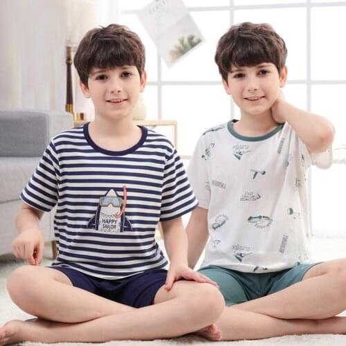 New Summer Boys Girls Pajamas Short Sleeve Childrens Clothing Teenager Sleepwear Cotton Pyjamas Sets For Kids 8 10 12 16 Years