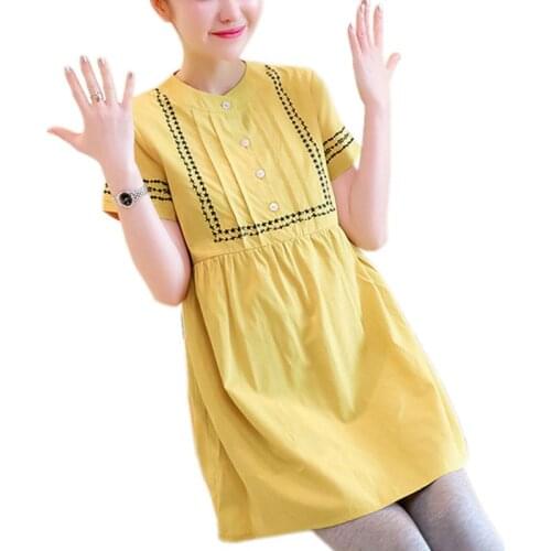 Maternity Dresses Summer New Embroidered Flower Short Pregnancy Dress Loose Solid Pregnant Dress Plus Size Maternity Clothes