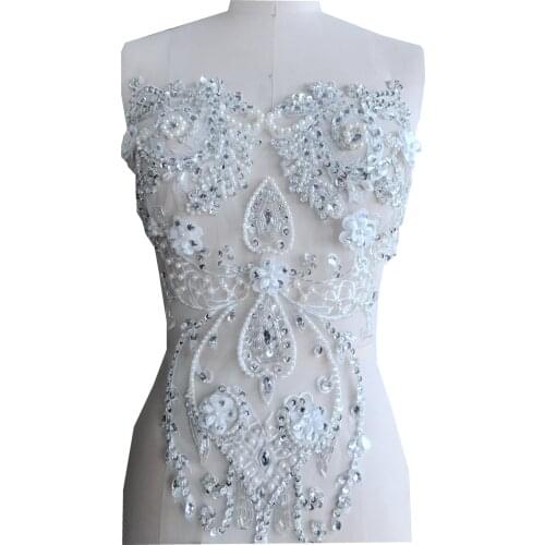 Pure hand made sew on silver Rhinestones applique on white mesh crystals trim patches wedding dress accessory