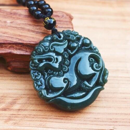 Drop Shipping Natural Green Nephrite Pendant Hand Carved Pixiu Pendant Necklace Gift for Fine Mens Jade Pendant Jewelry