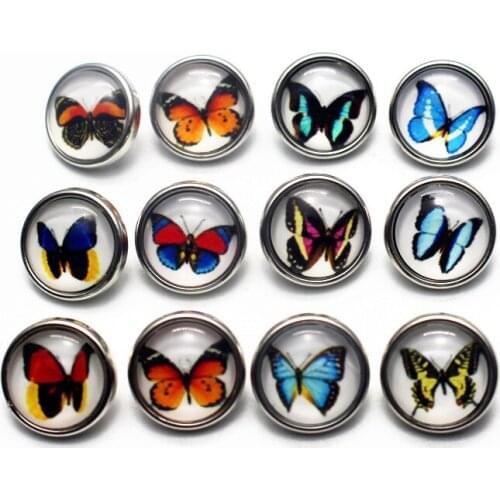 Mixs 10pcs/lot Colorful butterfly Snap Buttons Small 12mm Animal Pattern Glass Snap Charms Fit Snap Bracelet Necklace Jewelry