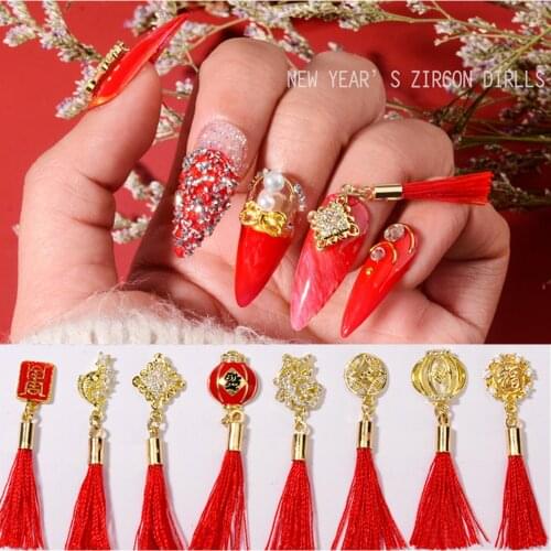 Chinese Style Luxury 3D Nail Rhinestones Lantern Red Tassel Knot New Year Nail Art Decorations Nails Charms Accessories