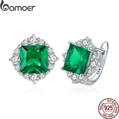 BAMOER Classic Genuine 925 Sterling Silver Green Square Zircon Stud Earrings for Women Wedding Earrings Silver Jewelry SCE540
